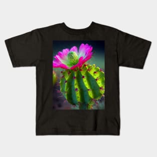 Green Cactus with Gorgeous Pink Flower in the Rain Kids T-Shirt